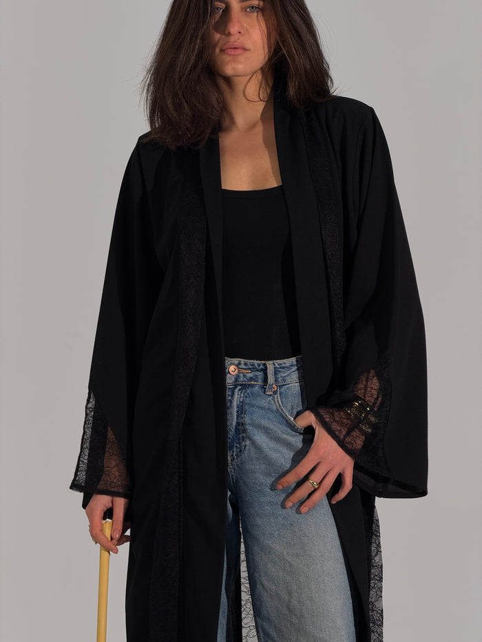 Lace Panel Long Open Abaya