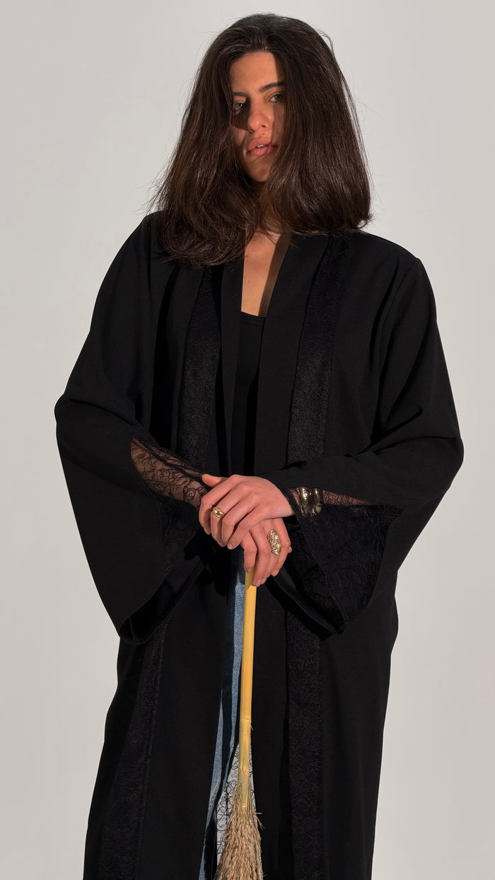 Lace Panel Long Open Abaya