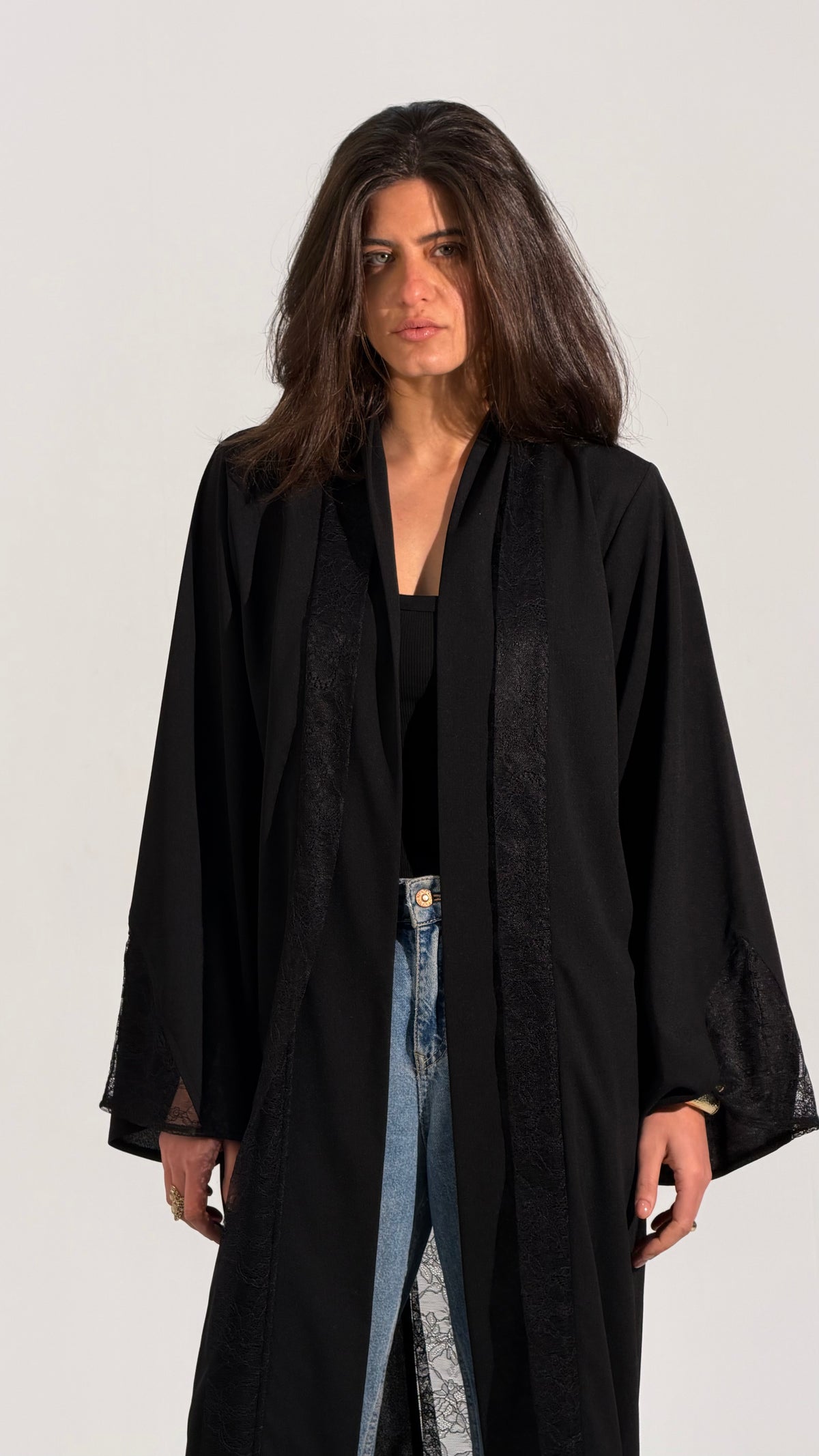 Lace Panel Long Open Abaya