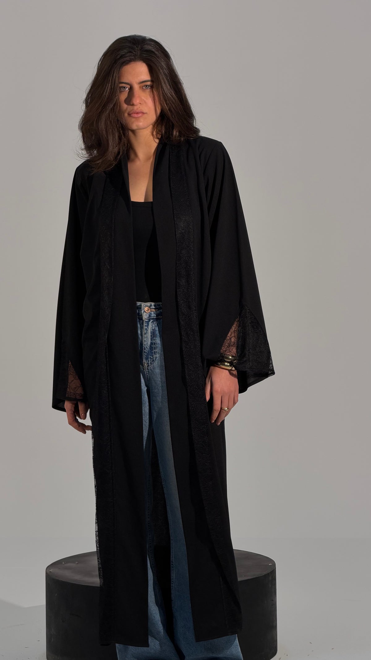 Lace Panel Long Open Abaya