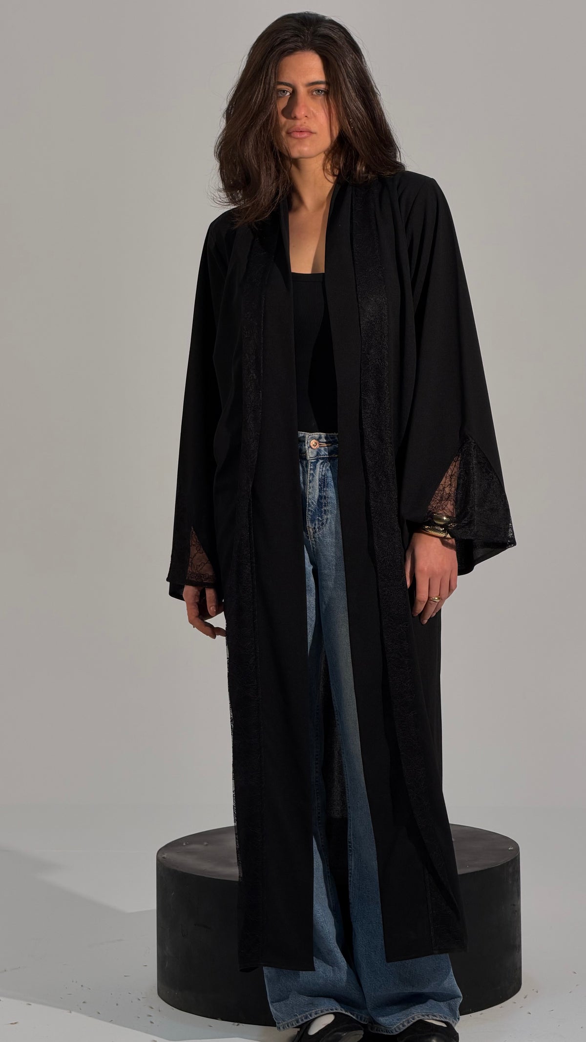 Lace Panel Long Open Abaya