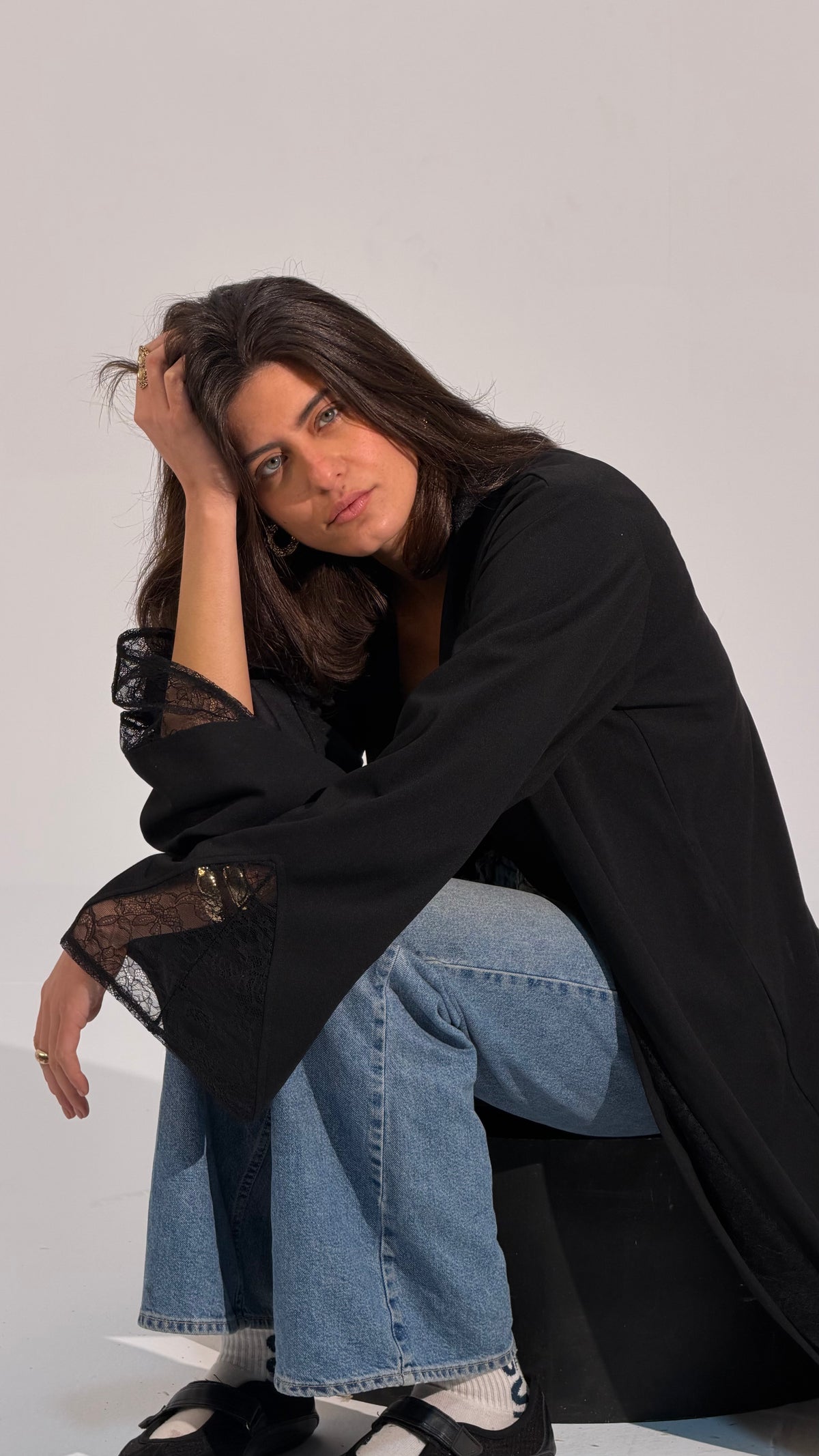 Lace Panel Long Open Abaya