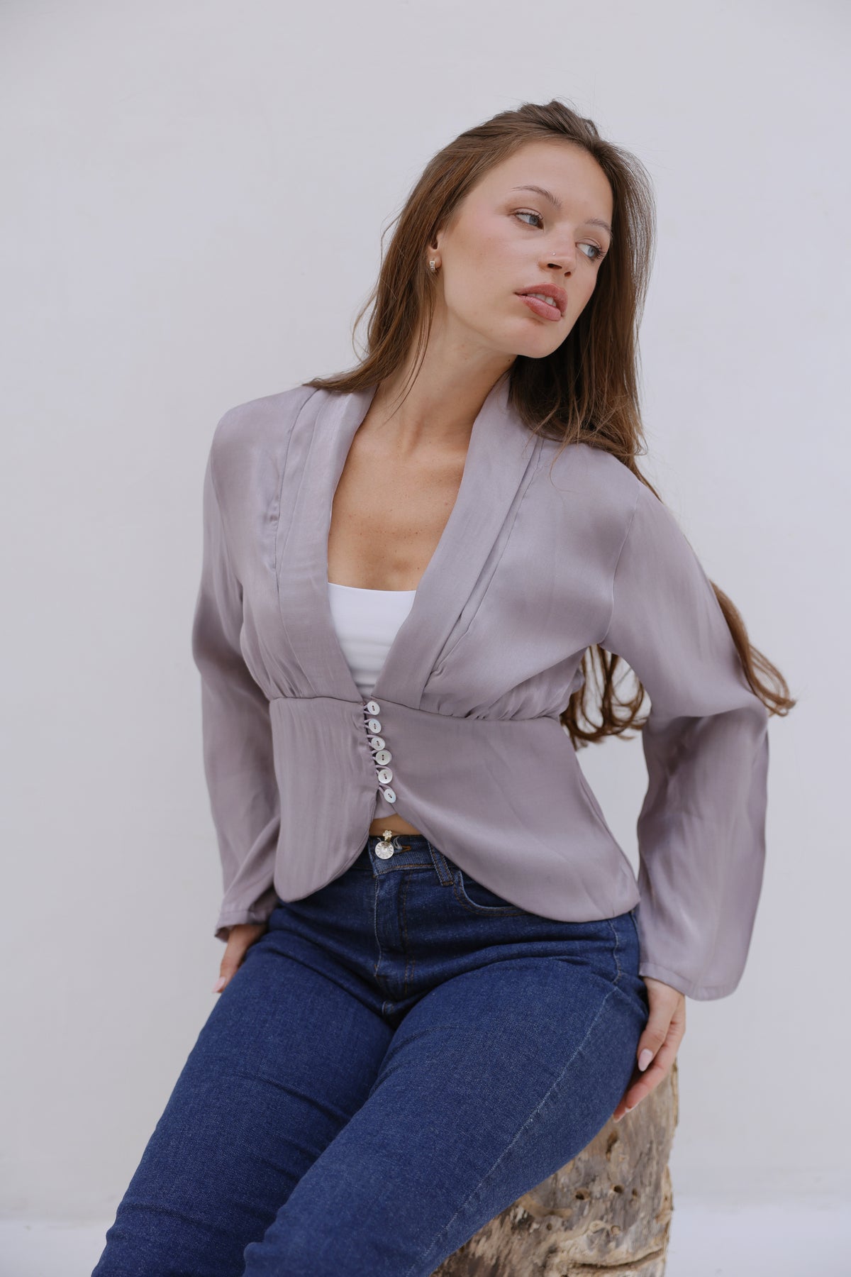 Pearl Button Draped Blouse